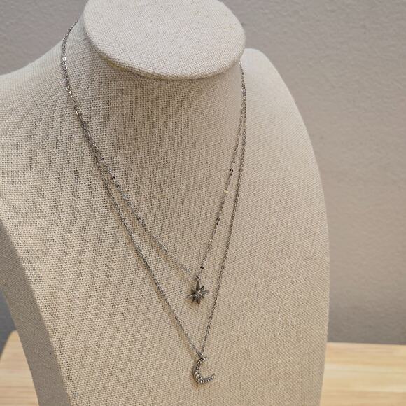 Delicate Sterling Silver 925 Layered Choker Chain Necklace CZ Star Moon Pendant - Picture 2 of 14